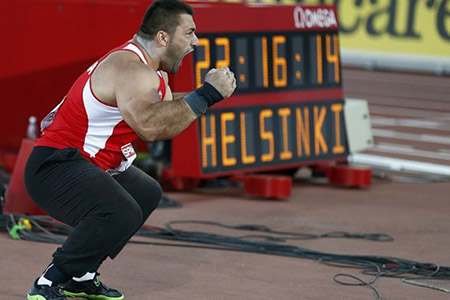 Kolasinac of Serbia reacts to his third place in the men's shot put final at the European Athletics Championships in Helsinki